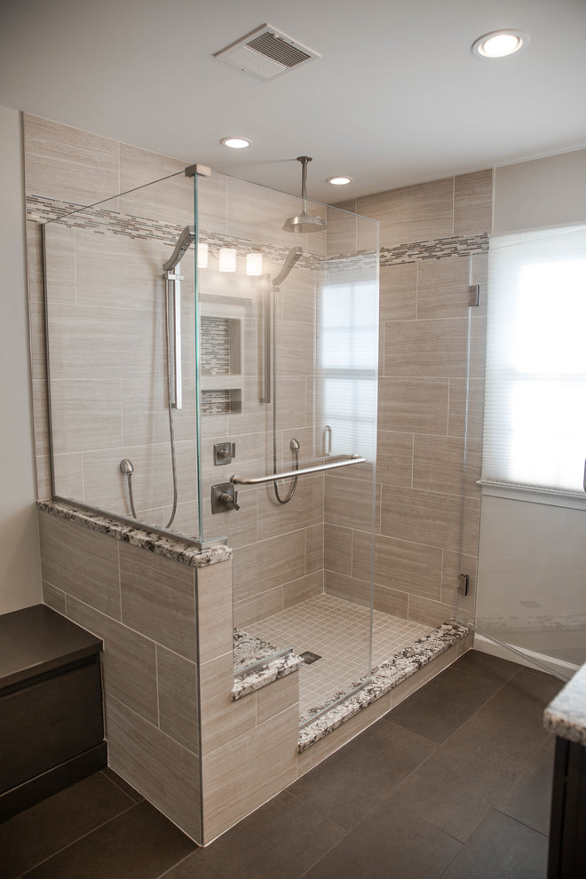 Example of a mid-sized transitional master gray tile and porcelain tile porcelain tile corner shower design in Philadelphia with shaker cabinets, gray cabinets, granite countertops, beige walls and an undermount sink