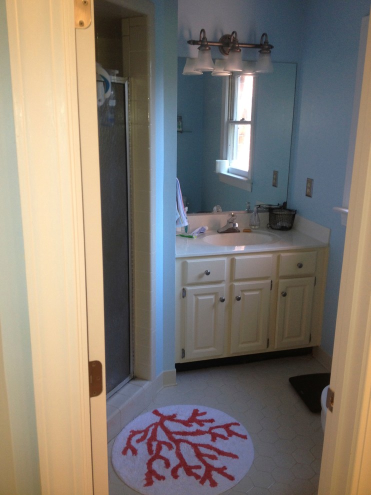 Imagen de cuarto de baño tradicional renovado con lavabo bajoencimera y armarios con paneles con relieve