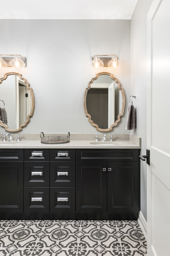 Bathroom - large traditional master mosaic tile floor and black floor bathroom idea in Chicago with recessed-panel cabinets, black cabinets, gray walls, an undermount sink, quartz countertops and beige countertops