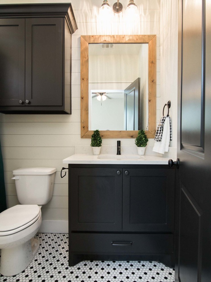 Design ideas for a small farmhouse family bathroom in Austin with flat-panel cabinets, medium wood cabinets, a corner bath, white tiles, ceramic tiles, white walls, ceramic flooring, white floors and white worktops.