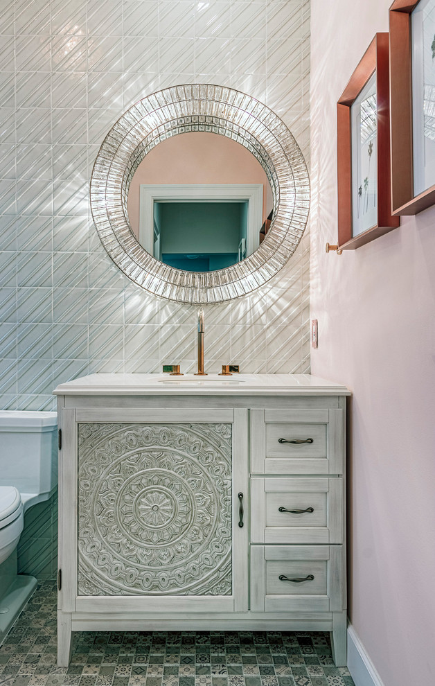 Small cottage chic kids' green tile and ceramic tile mosaic tile floor and green floor bathroom photo in Miami with furniture-like cabinets, gray cabinets, a one-piece toilet, green walls, an undermount sink, quartz countertops and white countertops