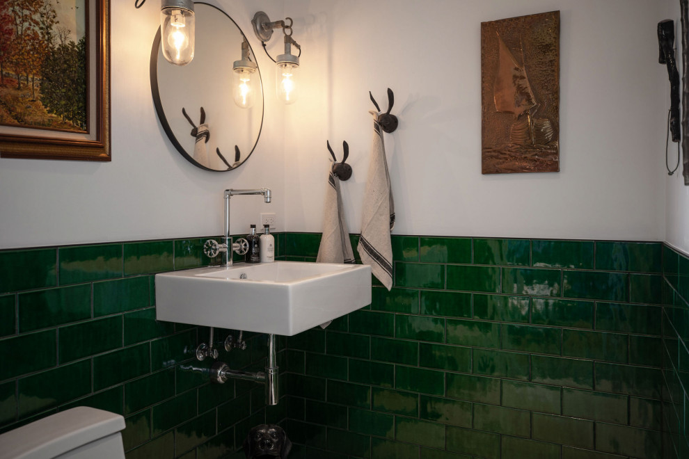 Example of a small eclectic 3/4 green tile and ceramic tile single-sink bathroom design in Denver with a one-piece toilet, white walls, a wall-mount sink and a built-in vanity