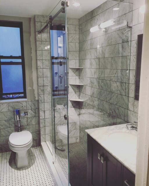 Corner Barn Door Shower Door Modern Bathroom New York by