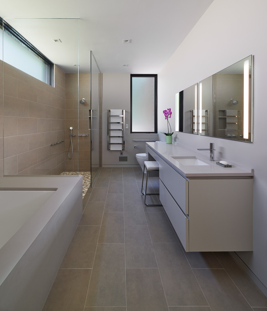 Large trendy master porcelain tile and gray floor bathroom photo in DC Metro with flat-panel cabinets, gray cabinets, an undermount tub, a one-piece toilet, gray walls, an undermount sink, quartz countertops and gray countertops