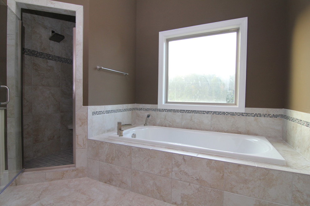 Design ideas for a large classic ensuite bathroom in Raleigh with an integrated sink, recessed-panel cabinets, white cabinets, an alcove bath, a corner shower, a one-piece toilet, beige tiles, ceramic tiles, brown walls and ceramic flooring.