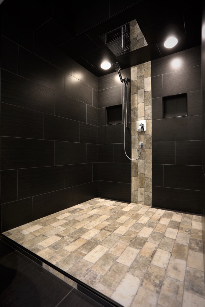 Inspiration for a large contemporary master black tile and porcelain tile ceramic tile and beige floor doorless shower remodel in Calgary with black walls