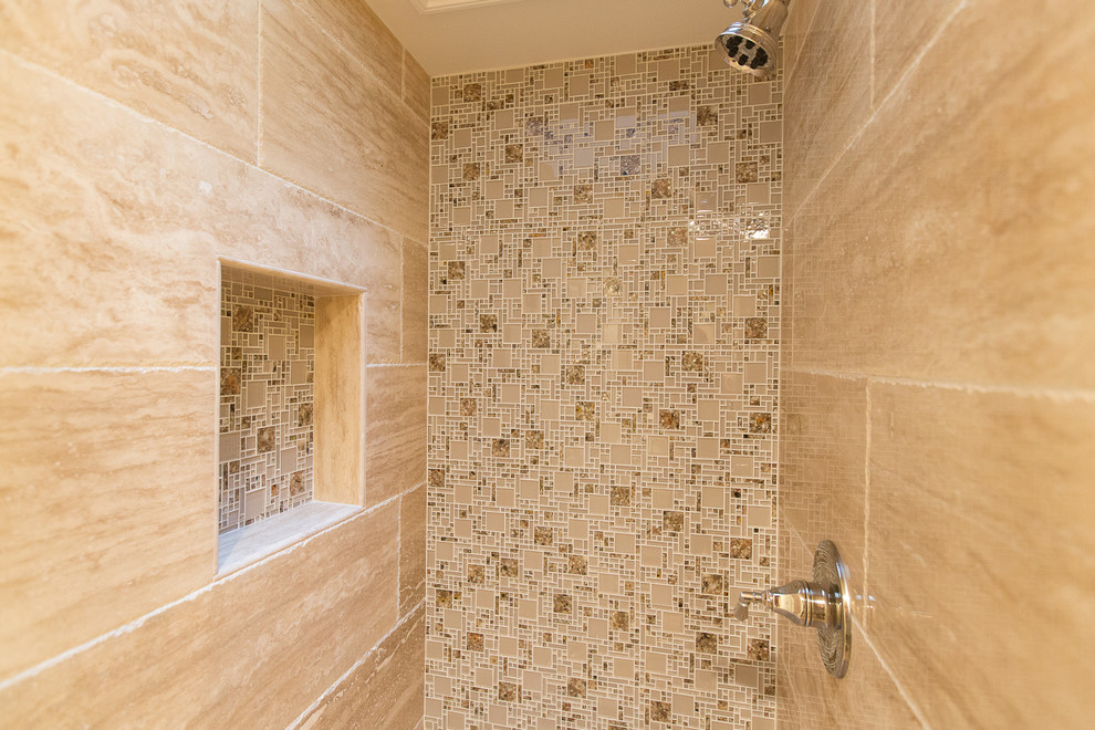 Inspiration for a small traditional shower room bathroom in Orange County with a pedestal sink, an alcove shower, a two-piece toilet, beige tiles, stone tiles, beige walls and marble flooring.