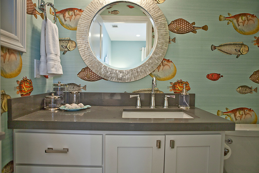 Small beach style family bathroom in San Diego with a built-in sink, shaker cabinets, white cabinets, engineered stone worktops, a corner shower, a one-piece toilet, white tiles, mosaic tiles, blue walls and marble flooring.