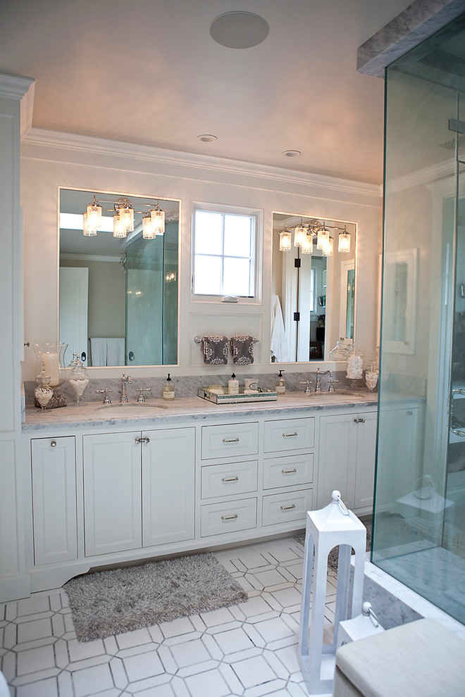 Bathroom - large transitional master white tile and mosaic tile mosaic tile floor bathroom idea in San Diego with shaker cabinets, white cabinets, beige walls, an undermount sink and granite countertops