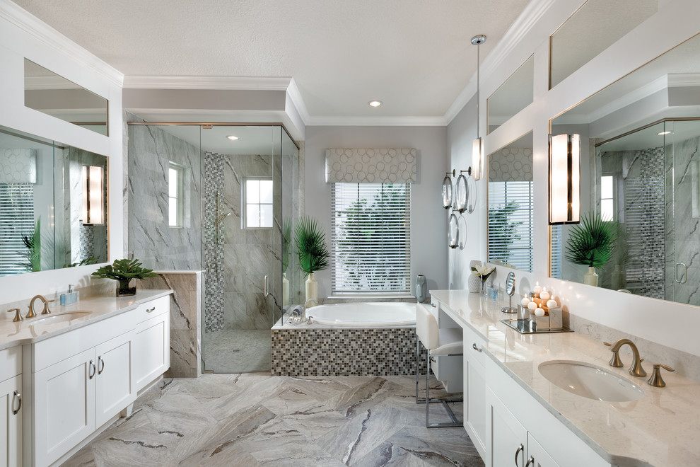 Inspiration for a large master white tile and ceramic tile ceramic tile corner shower remodel in Tampa with an undermount sink, recessed-panel cabinets, white cabinets, granite countertops, a hot tub, a one-piece toilet and white walls