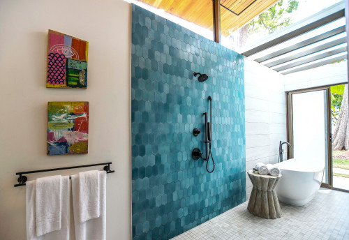 Hexagonal Seaside Charm: Beach Bathroom Ideas with Blue Hexagon Tiles and Glass Ceiling