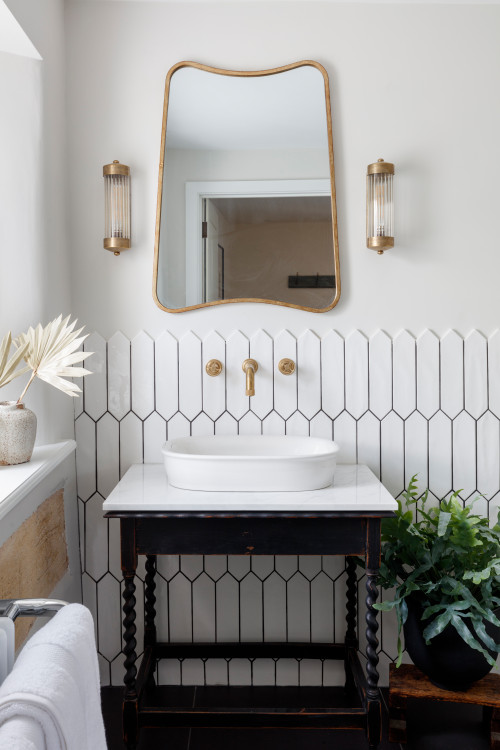 White Picket Tile Backsplash With Vintage Vanity