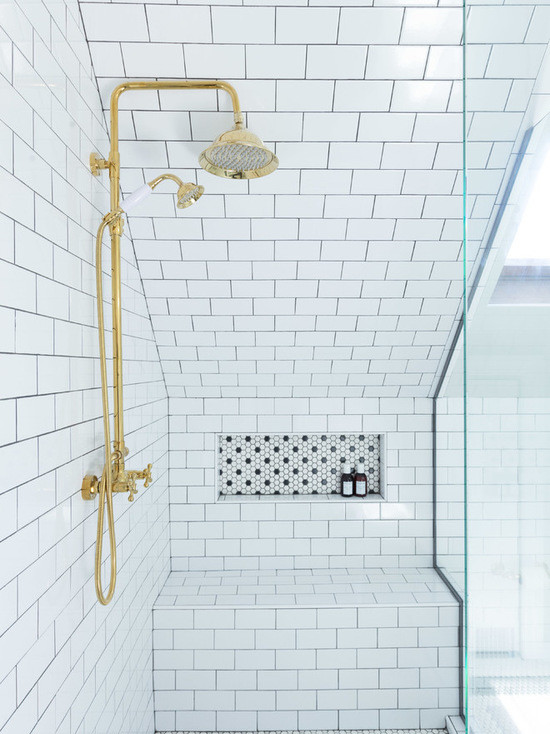 Photo of a small contemporary shower room bathroom in Chicago with flat-panel cabinets, white cabinets, a corner shower, a two-piece toilet, white tiles, metro tiles, white walls, mosaic tile flooring and a pedestal sink.