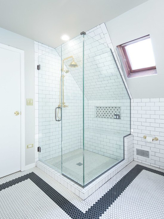 Small trendy 3/4 white tile and subway tile mosaic tile floor corner shower photo in Chicago with flat-panel cabinets, white cabinets, a two-piece toilet, white walls and a pedestal sink