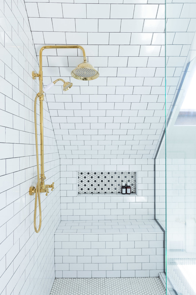 Small trendy 3/4 white tile and subway tile mosaic tile floor corner shower photo in Chicago with flat-panel cabinets, white cabinets, a two-piece toilet, white walls and a pedestal sink