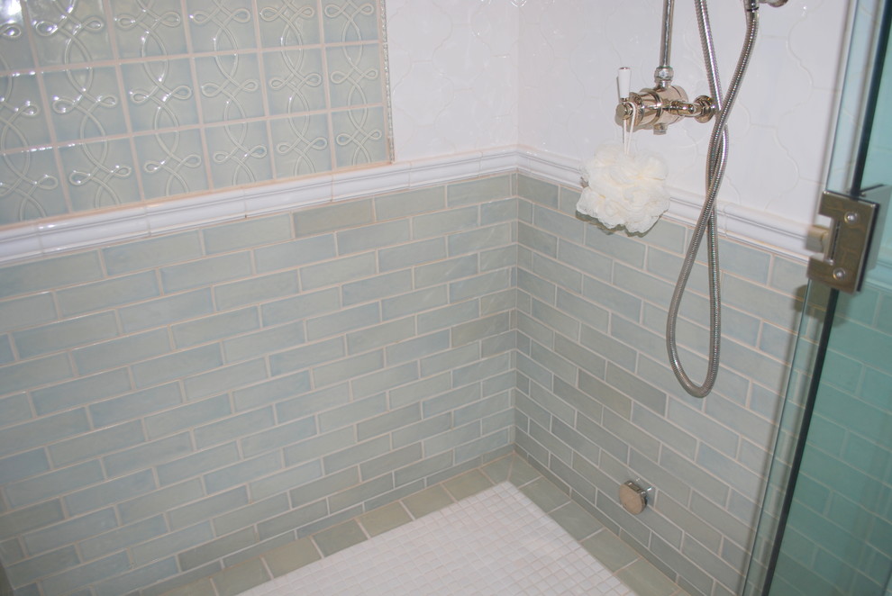 Inspiration for a small coastal ensuite bathroom in San Francisco with a double shower, green tiles and ceramic tiles.