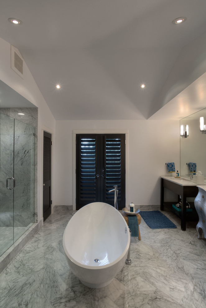 Eclectic marble floor doorless shower photo in Portland with marble countertops