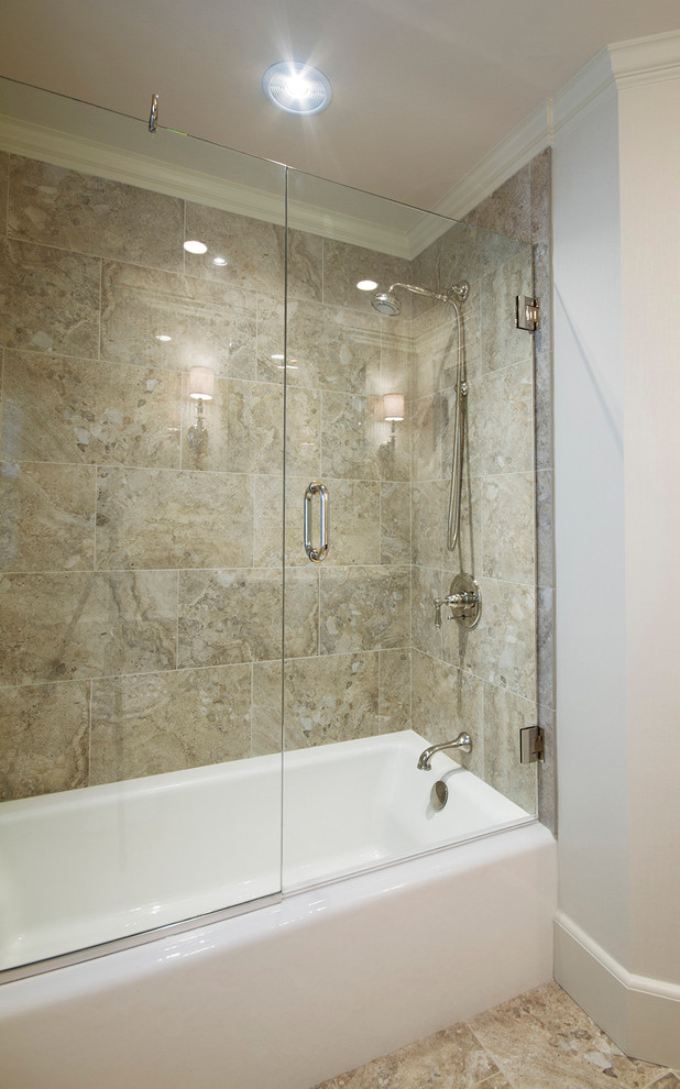 Example of a mid-sized transitional master beige tile and porcelain tile porcelain tile bathroom design in Boston with an undermount sink, furniture-like cabinets, dark wood cabinets, quartz countertops, a one-piece toilet and beige walls