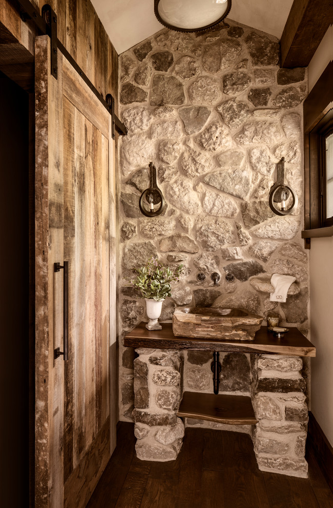 Medium sized rustic bathroom in Milwaukee with beige walls, dark hardwood flooring and brown floors.