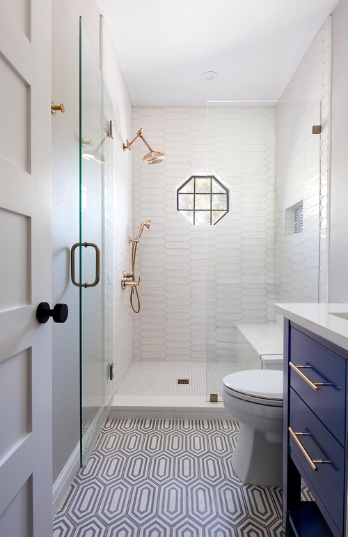 Transitional Style: Hexagon Tile Design in a Blue and White Bathroom