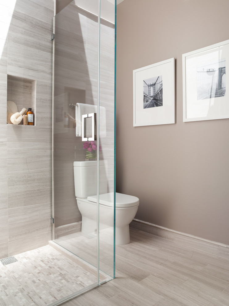 Trendy gray tile alcove shower photo in San Francisco with a two-piece toilet