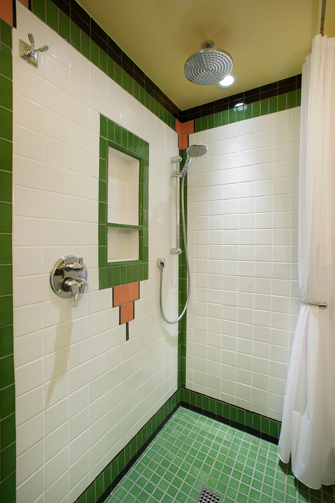 Small victorian shower room bathroom in Phoenix with a wall-mounted sink, beaded cabinets, white cabinets, a built-in shower, a two-piece toilet, ceramic tiles and ceramic flooring.