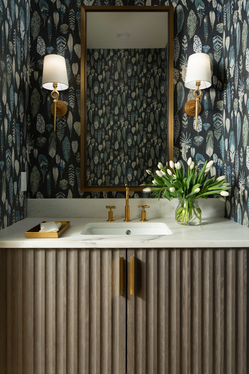 Sleek Sophistication: Wood Vanity with Brass Accents - Bathroom Wallpaper Ideas