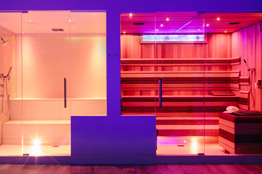 Geräumige Klassische Sauna mit Nasszelle, farbigen Fliesen, bunten Wänden, Porzellan-Bodenfliesen, buntem Boden und Falttür-Duschabtrennung in Chicago