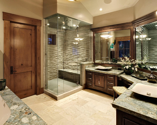 Idee per una grande stanza da bagno padronale american style con ante lisce, ante in legno bruno, top in granito, pareti beige, pavimento in ardesia, lavabo a bacinella e piastrelle grigie