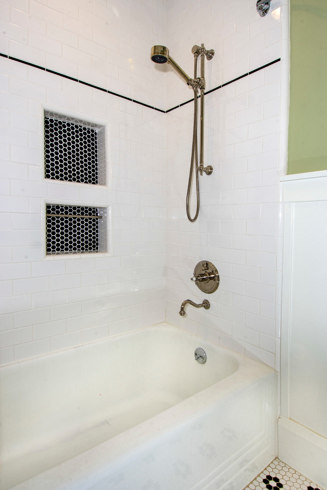 Design ideas for a classic bathroom in Los Angeles with an alcove bath, a shower/bath combination, white tiles, ceramic tiles, green walls, ceramic flooring, white floors and a shower curtain.