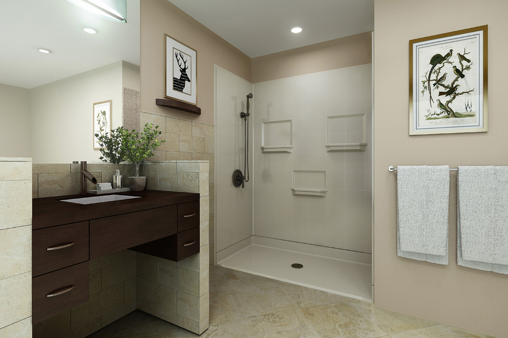 Immagine di una grande stanza da bagno con doccia alcova, pavimento grigio e doccia aperta