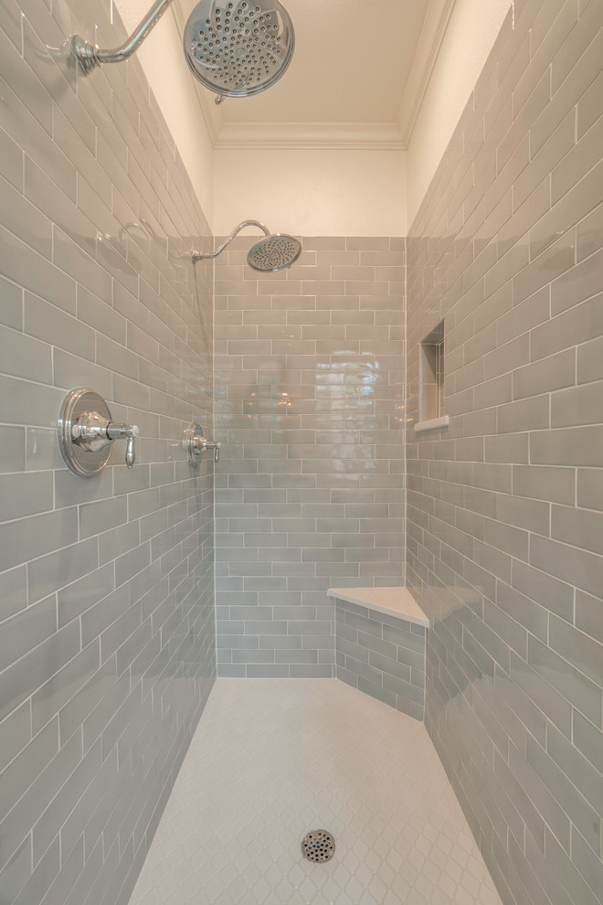 Mid-sized transitional master porcelain tile double shower photo in Houston