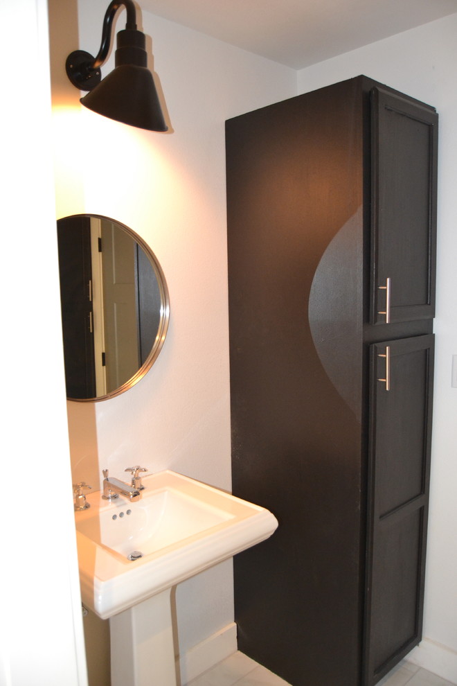Example of a mid-sized arts and crafts kids' white tile and ceramic tile ceramic tile bathroom design in Dallas with a pedestal sink, shaker cabinets, black cabinets, marble countertops, a two-piece toilet and gray walls