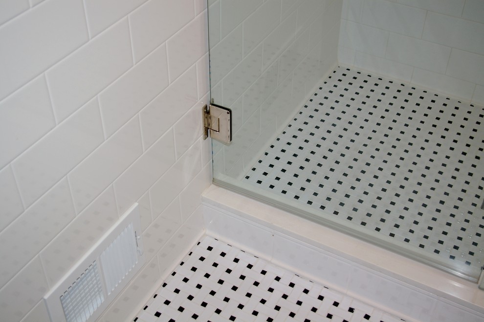 Photo of a small classic shower room bathroom in Atlanta with a submerged sink, flat-panel cabinets, medium wood cabinets, engineered stone worktops, a double shower, a two-piece toilet, white tiles, ceramic tiles, blue walls and ceramic flooring.