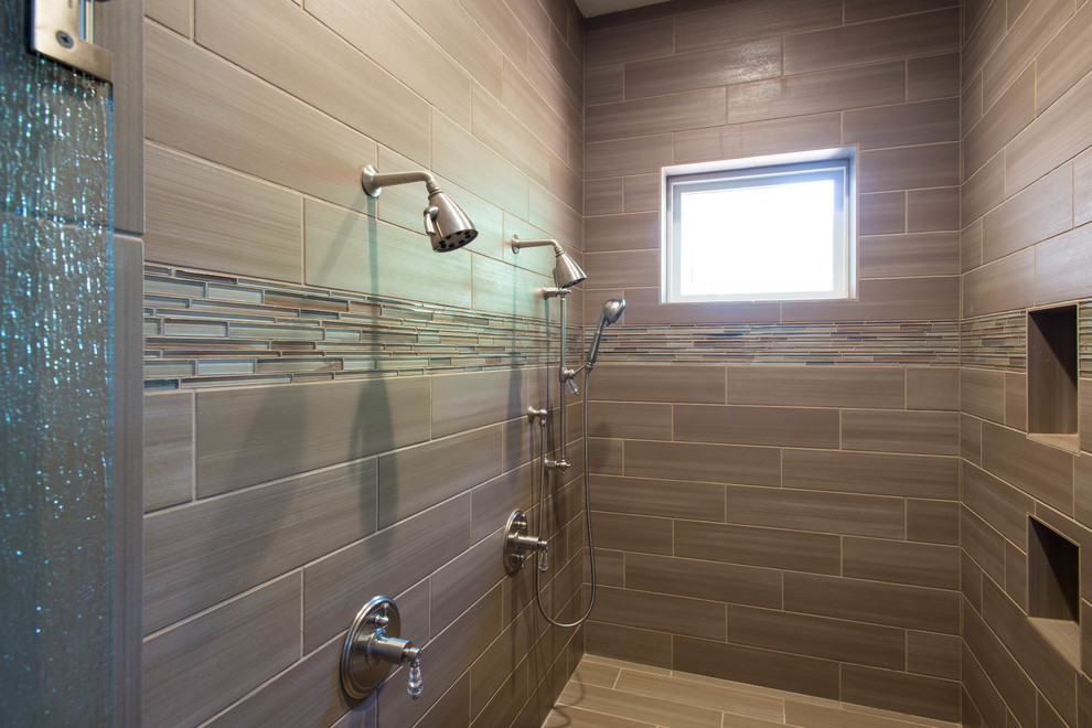 Design ideas for a classic bathroom in Dallas with brown tiles, ceramic tiles, ceramic flooring and a double shower.