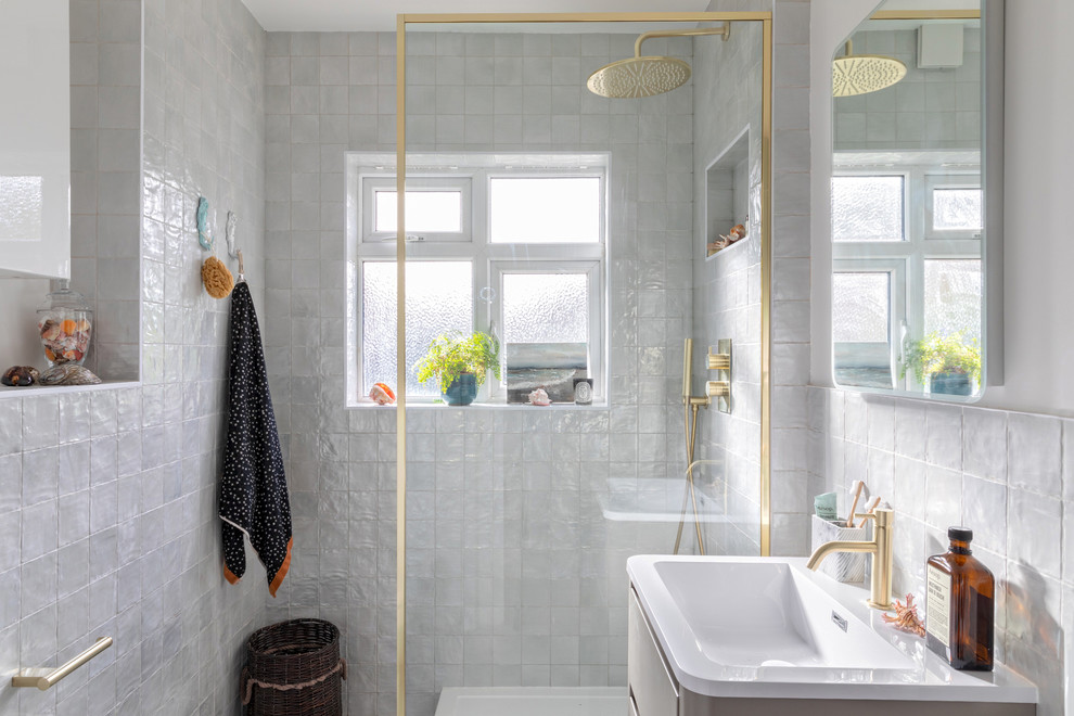 Inspiration for a small scandi shower room bathroom in London with a walk-in shower, blue tiles and an open shower.