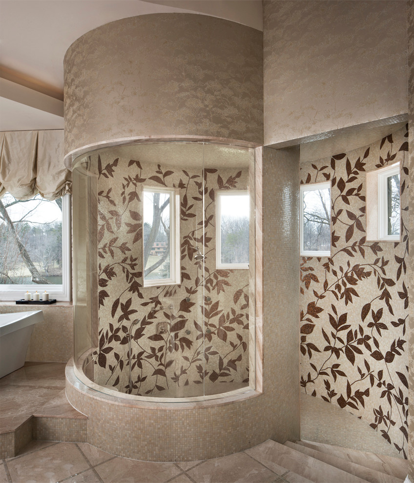 Inspiration för moderna en-suite badrum, med flerfärgad kakel
