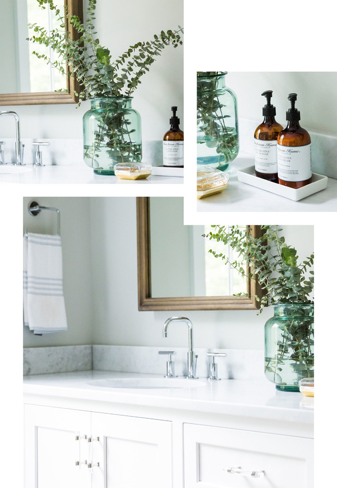 Esempio di una stanza da bagno padronale minimalista con consolle stile comò, ante bianche, pareti grigie, top in marmo, pavimento bianco e top bianco