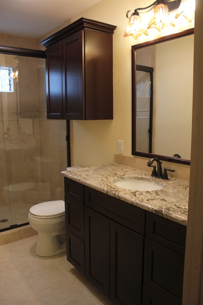 Crema Marfil Marble Shower w/Frameless Glass Slider and Java Cherry