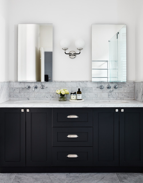 Black Shaker Vanity with Marble Subway Tile Bathroom Backsplash