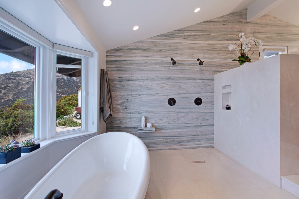 Example of a large arts and crafts master stone tile marble floor and beige floor bathroom design in Los Angeles with an undermount sink, shaker cabinets, white cabinets, marble countertops, a two-piece toilet and white walls