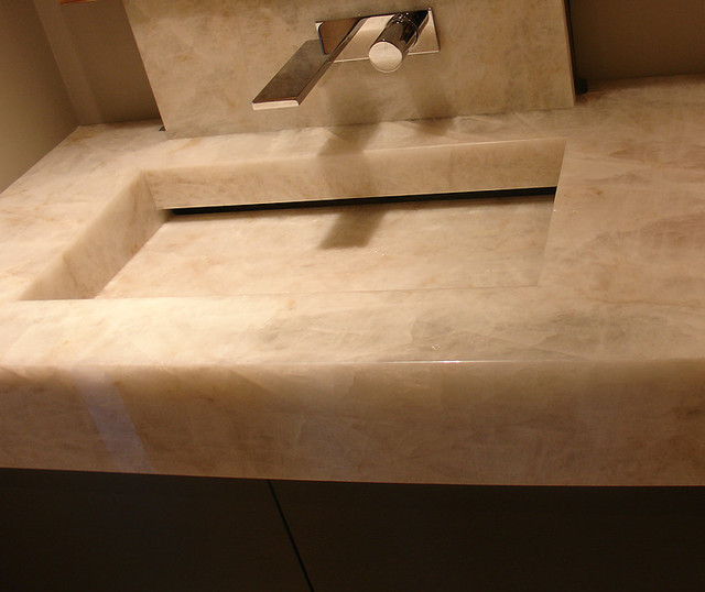 Cristallo quartzite vanity top with integrated mitred sink