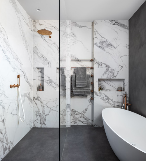 Marble Marvel: Elegance in a Gray and White Bathroom Setting