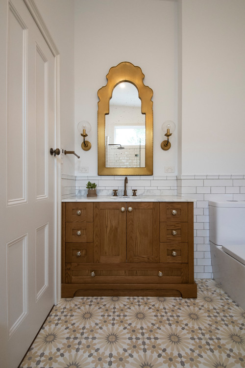 Wood Vanity with Brass Framed Mirror