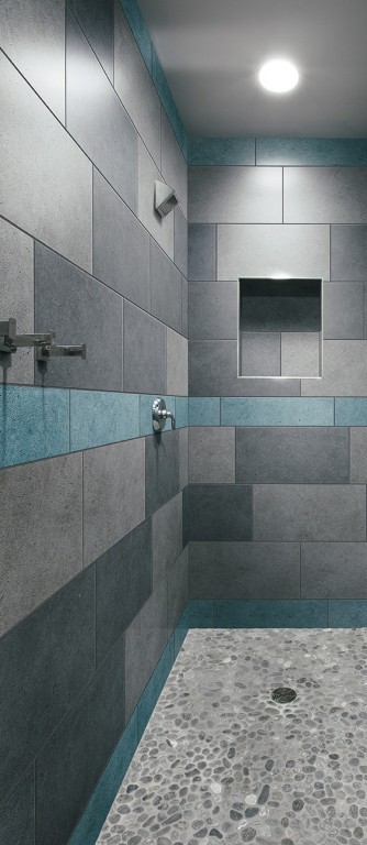 Ispirazione per una stanza da bagno contemporanea con piastrelle grigie e piastrelle in gres porcellanato