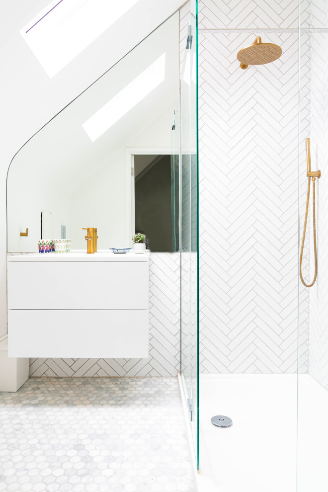 Bathroom - contemporary white tile and cement tile marble floor, white floor and single-sink bathroom idea in London with white walls, flat-panel cabinets, white cabinets, white countertops and a floating vanity