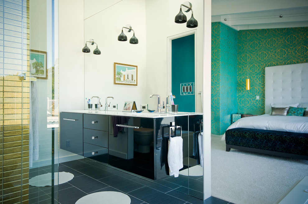 Contemporary bathroom in San Francisco with flat-panel cabinets and black cabinets.
