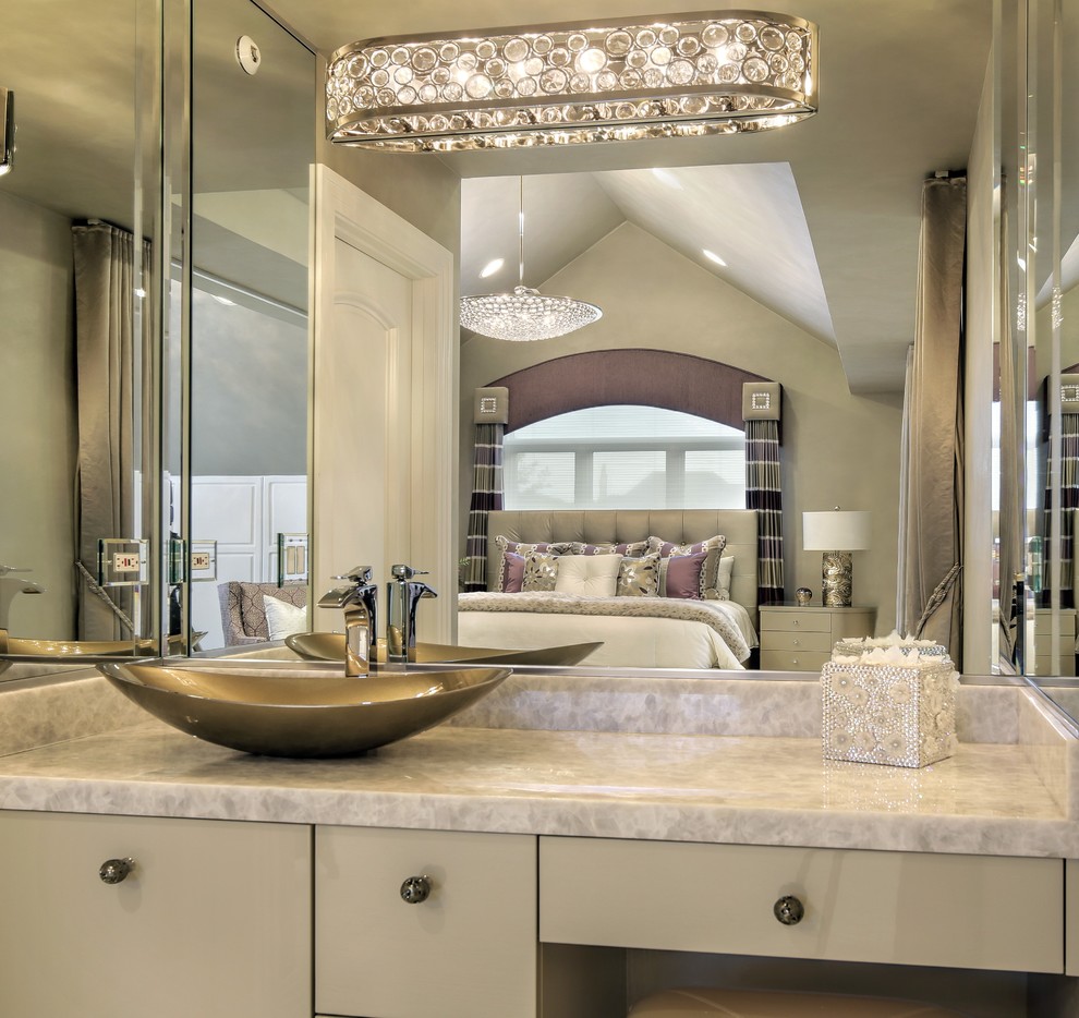 This is an example of a medium sized contemporary shower room bathroom in Chicago with flat-panel cabinets, beige cabinets, a vessel sink, quartz worktops and white worktops.