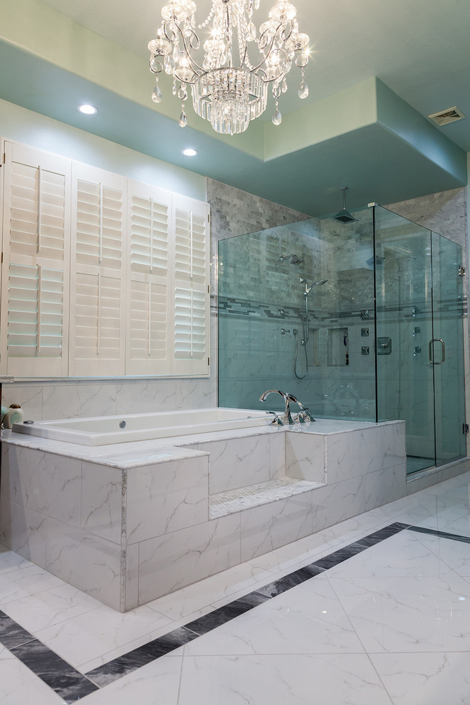 Inspiration for a large traditional ensuite bathroom in Phoenix with shaker cabinets, medium wood cabinets, a built-in bath, an alcove shower, a one-piece toilet, white tiles, porcelain tiles, green walls, porcelain flooring, a submerged sink, granite worktops, white floors and a hinged door.