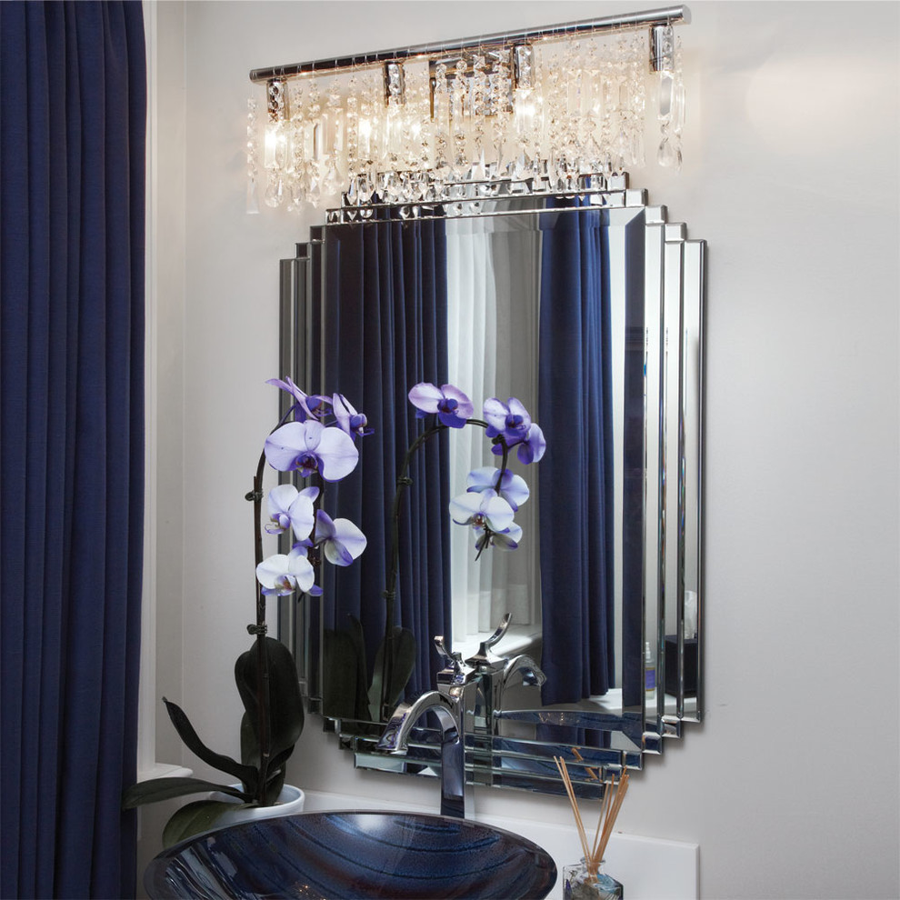 Small trendy 3/4 white tile and ceramic tile ceramic tile bathroom photo in New York with a vessel sink and white walls